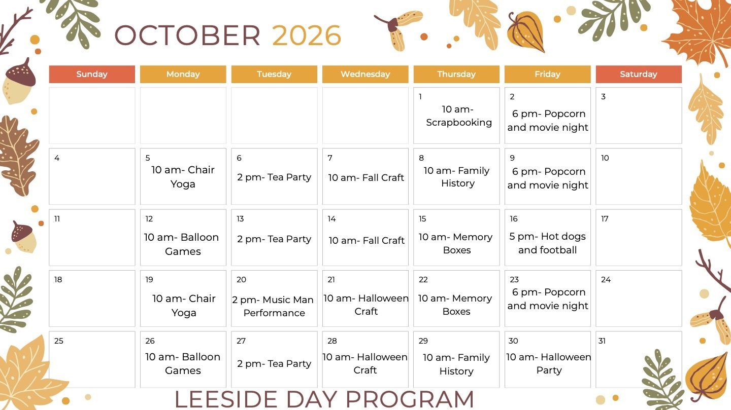 This month's Leeside Day Program activity calendar